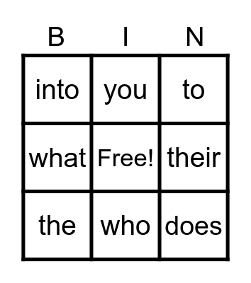 SIGHT WORD BINGO Card