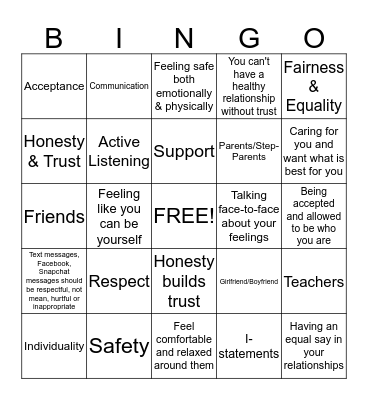 Healthy Teen Relationships Bingo Card