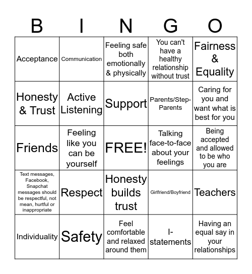 Healthy Teen Relationships Bingo Card