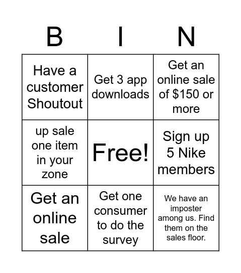 Nike Southaven 245 (Sales Floor) Bingo Card