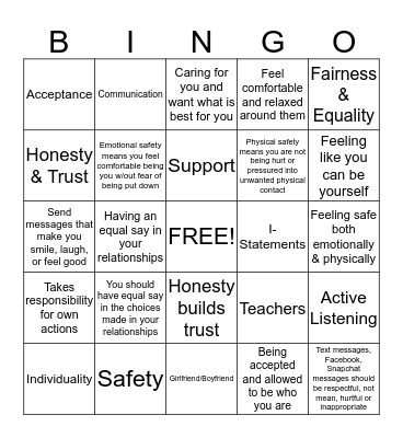 Healthy Teen Relationships Bingo Card