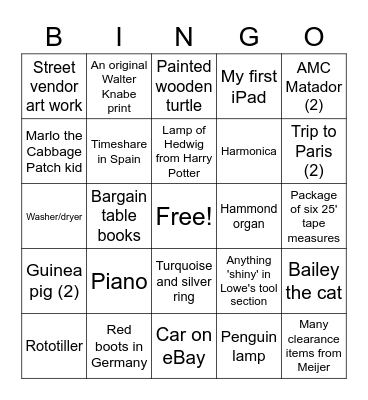 Not on the Shopping List Bingo Card