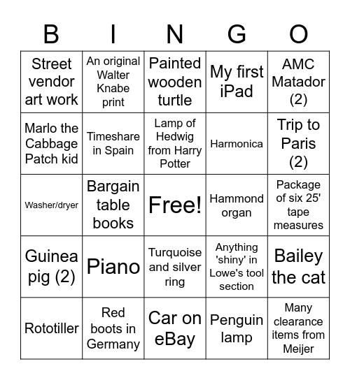Not on the Shopping List Bingo Card