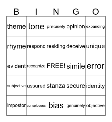 Vocabulary Bingo Card