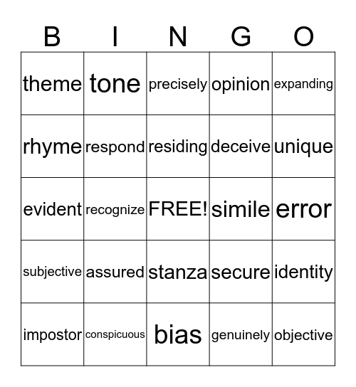 Vocabulary Bingo Card