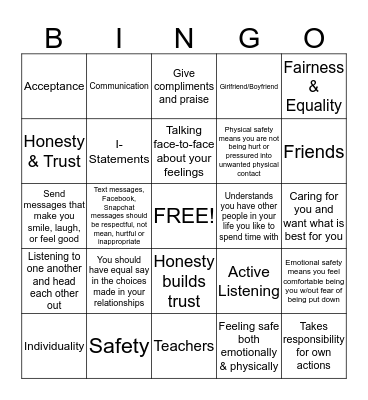 Healthy Teen Relationships Bingo Card
