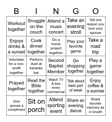 Marriage Ministry Comedy Date Night Bingo Card