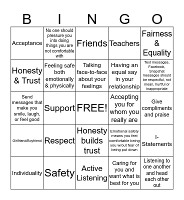 Healthy Teen Relationships Bingo Card