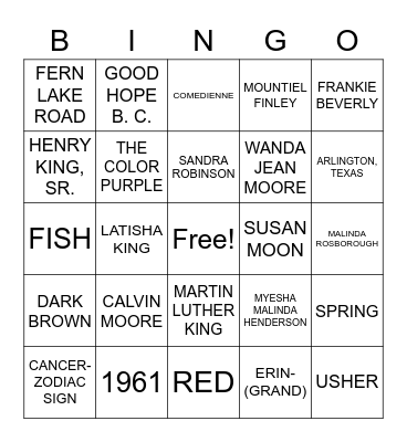 WANDA JEAN KING- MOORE Bingo Card