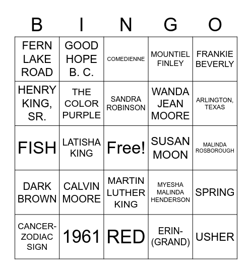 WANDA JEAN KING- MOORE Bingo Card