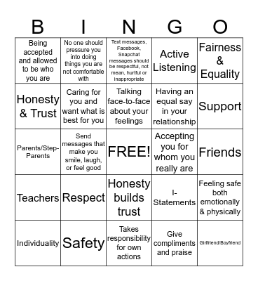 Healthy Teen Relationships Bingo Card