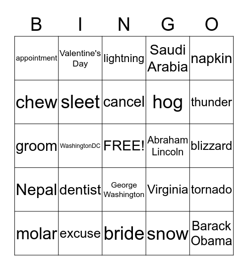 ESL VOCABULARY Bingo Card