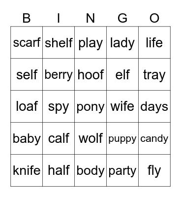 Gr. 2 Plurals Bingo Card