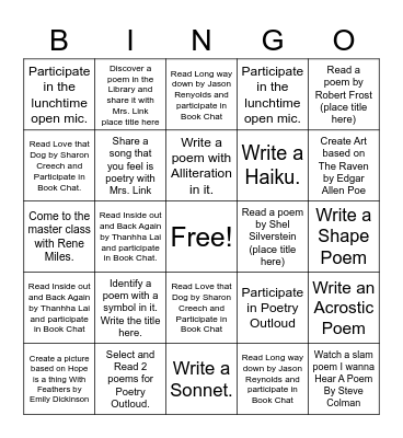 Poetry Month Bingo Card