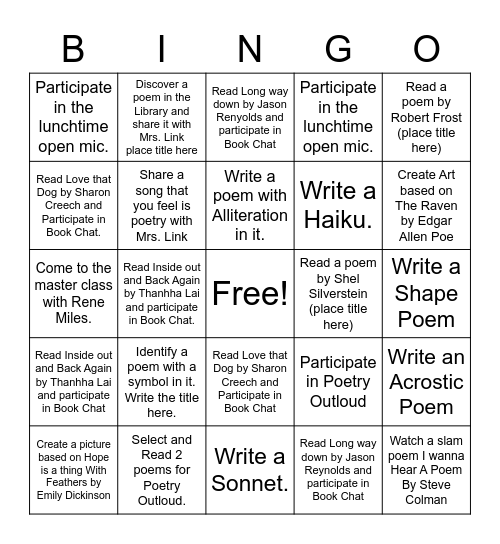 Poetry Month Bingo Card
