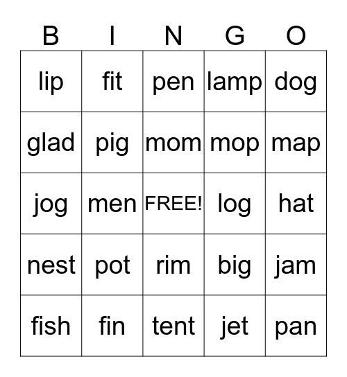 Short Vowel Sounds A,E,I,O Bingo Card