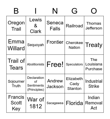 American History Early 1800's Bingo Card