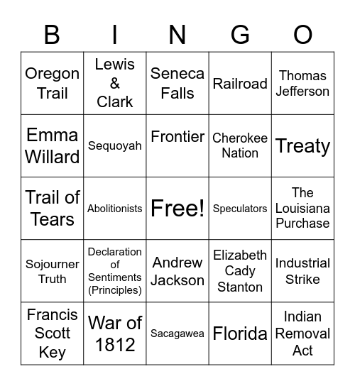 American History Early 1800's Bingo Card