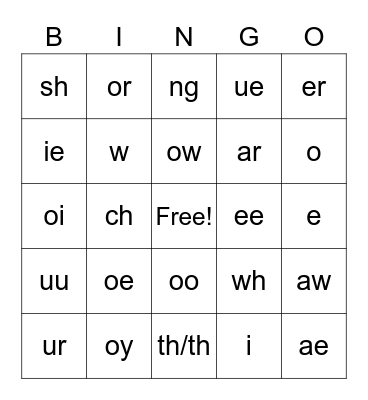 Mostly Vowel Sounds Bingo Card