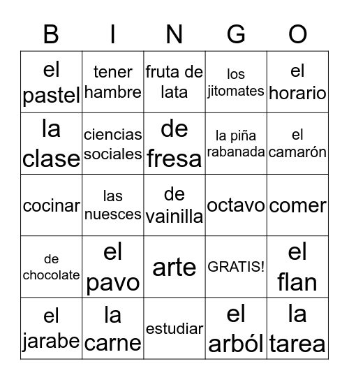 Español Bingo Card