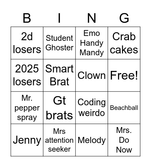 Nicknames Bingo Card