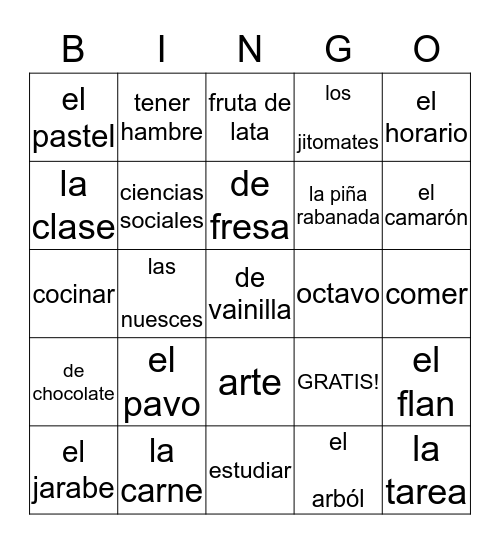 Español Bingo Card