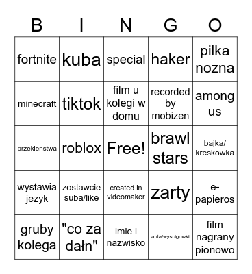 bingo dzieci na yt kolega Bingo Card