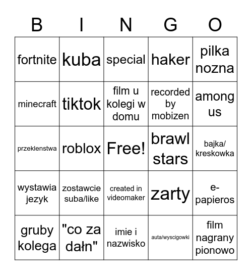 bingo dzieci na yt kolega Bingo Card