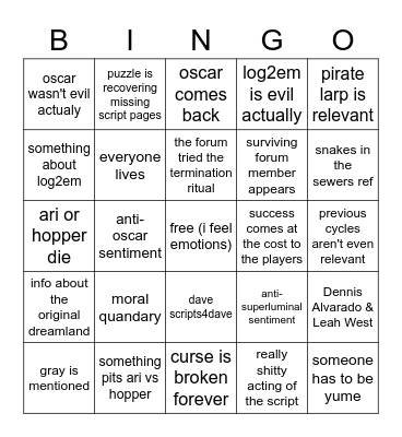 dreamland endgame bingo by the JNHC Bingo Card