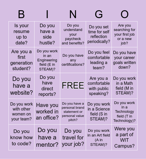 WIT YoPros - Get to Know You - Professional Bingo Card