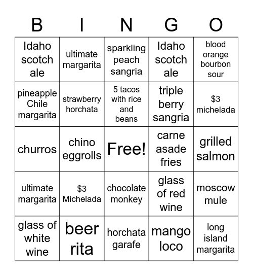 Cafe Sabor Bingo Card