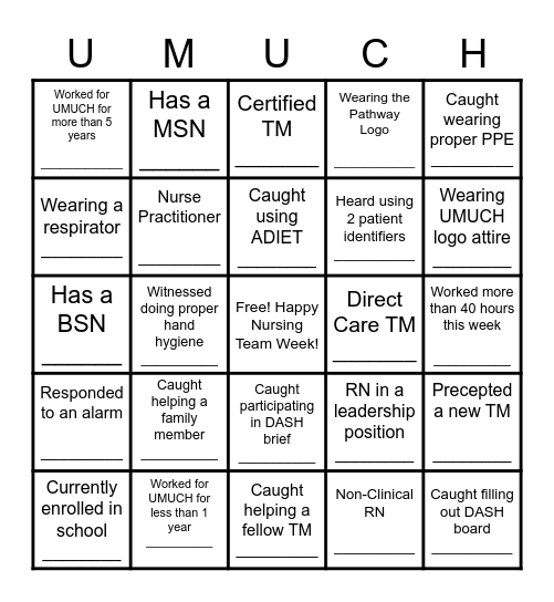 UMUCH Nursing Team BINGO 2021 Bingo Card