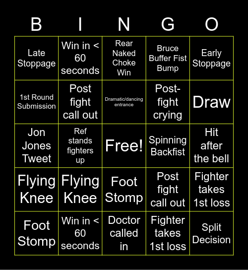 UFC 261 Bingo Card