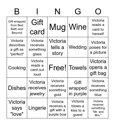 Victoria's Bridal Shower Bingo Card