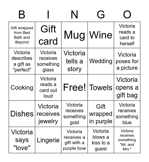 Victoria's Bridal Shower Bingo Card