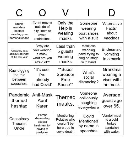 Covid Wedding Bingo Card