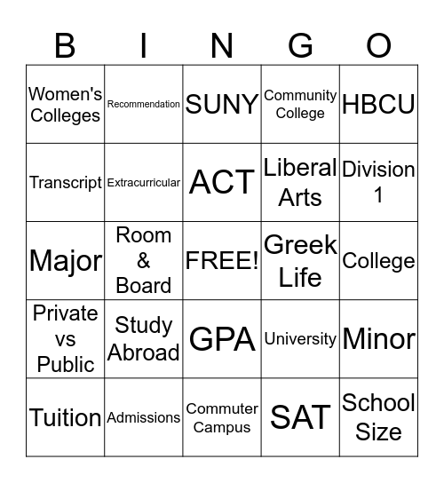 College Search  Bingo Card