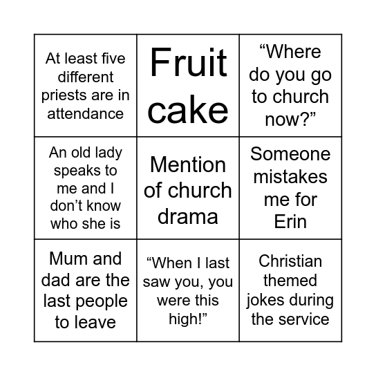 Church event bingo Card