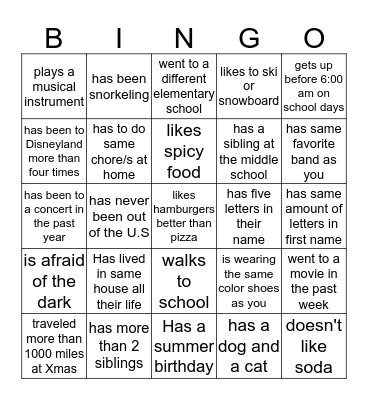 Getting to Know You Bingo Card