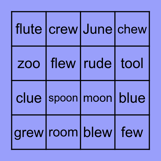 ue, oo, ew and u_e Bingo Card