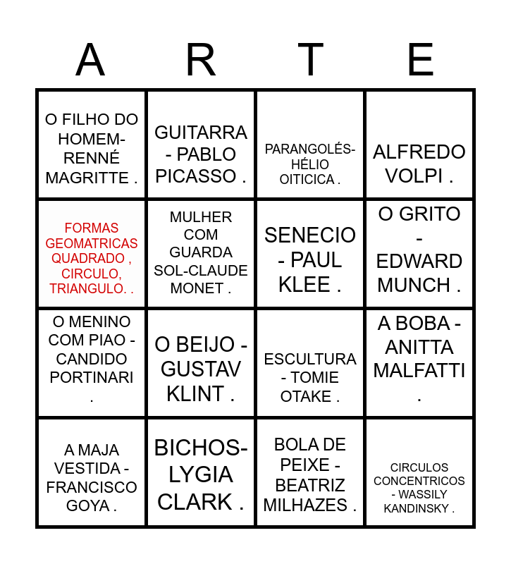BINGO DE OBRAS DE ARTE Bingo Card
