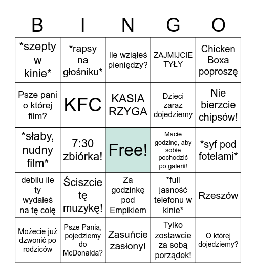 Wycieczka Szkolna Bingo Card