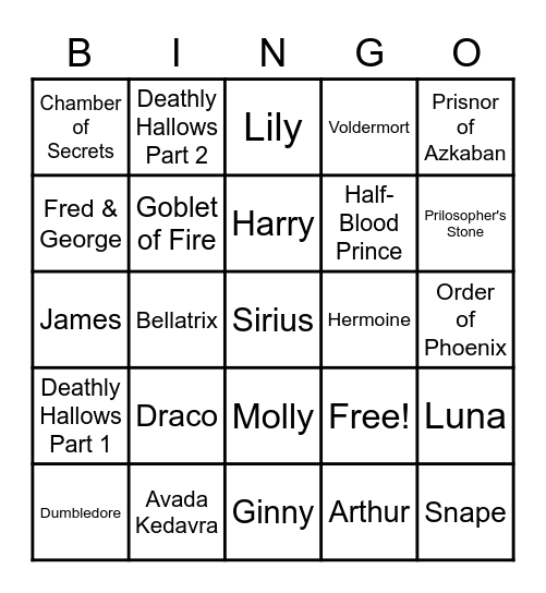 Harry Potter Bingo Card