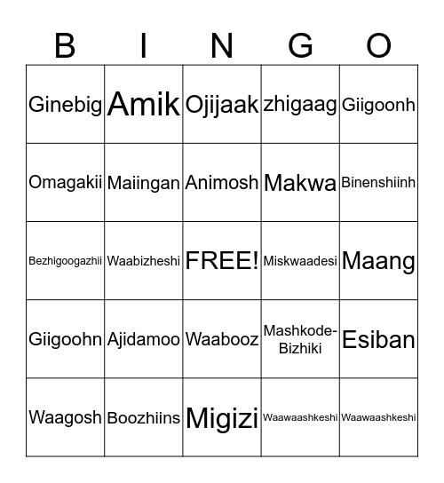 Ojibwe Animals and Clans Bingo Card