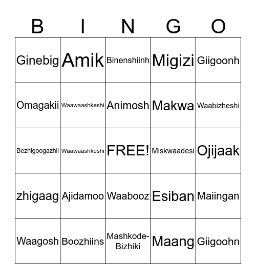 Ojibwe Animals and Clans Bingo Card