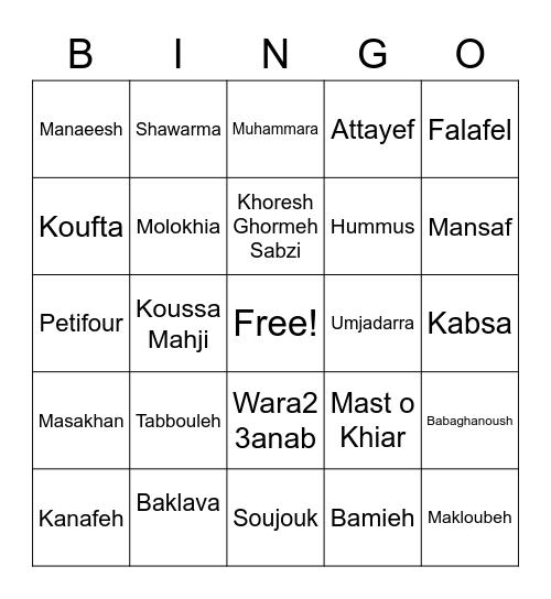 Middle Eastern Food Bingo Card