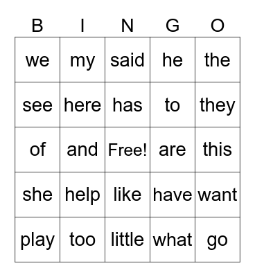 Sight Words Bingo Card