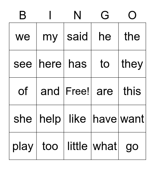 Sight Words Bingo Card