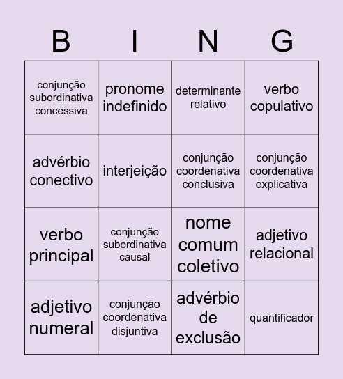 Classes de palavras Bingo Card