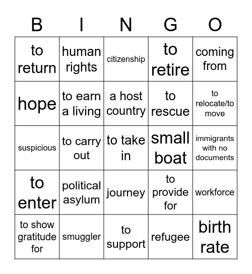 La inmigración Bingo Card